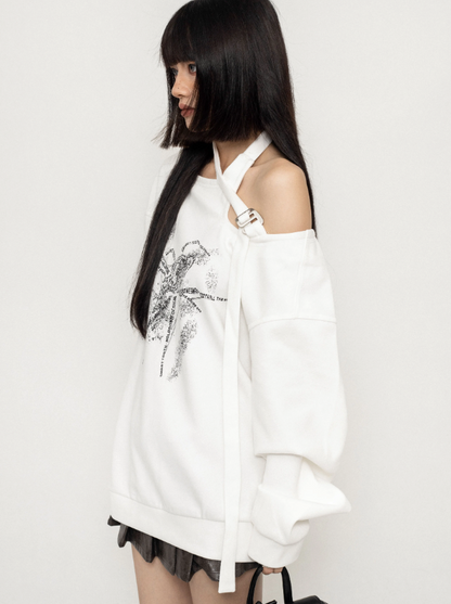 One-Shoulder Spider Print Loose Sweatshirt