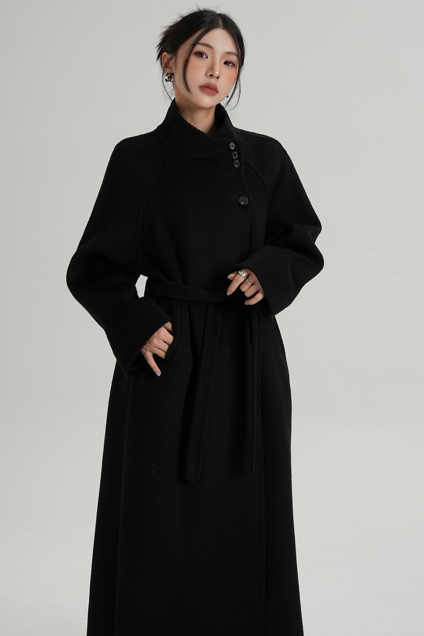 Diagonal Collar Woolen Long Coat