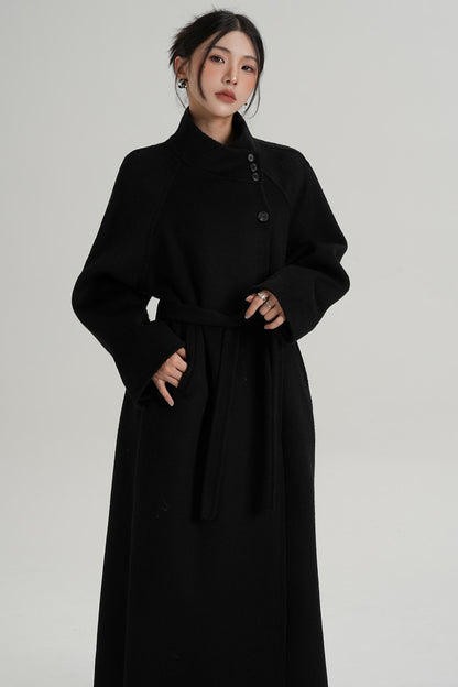 Diagonal Collar Woolen Long Coat