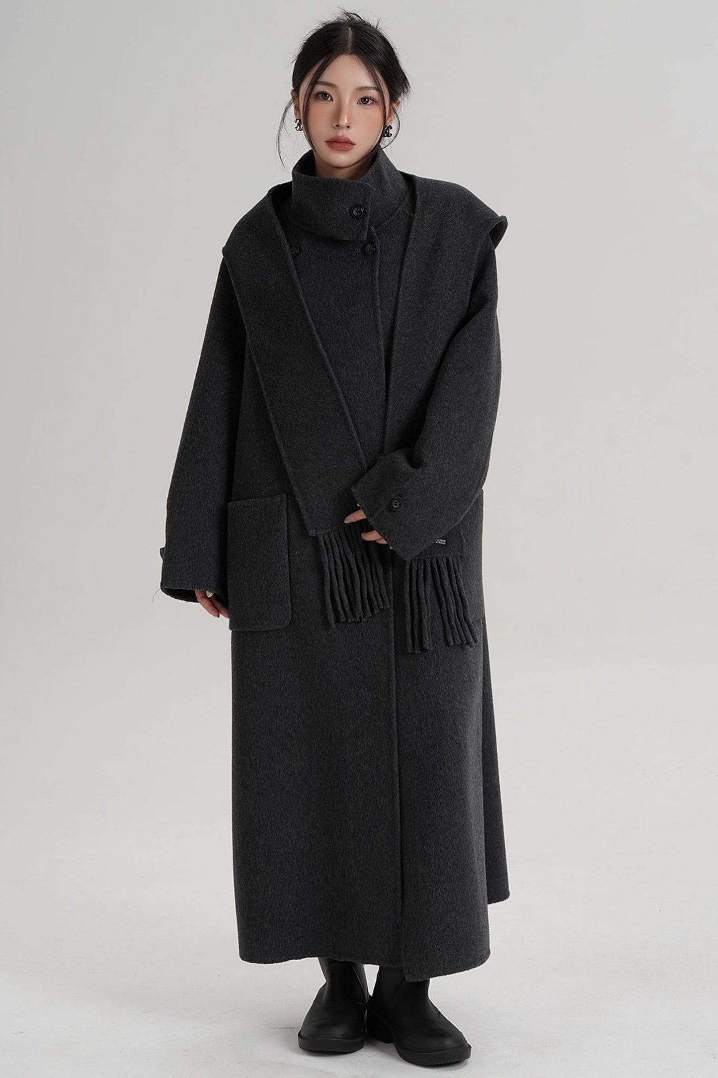 Temperament Hooded Scarf Wool Coat