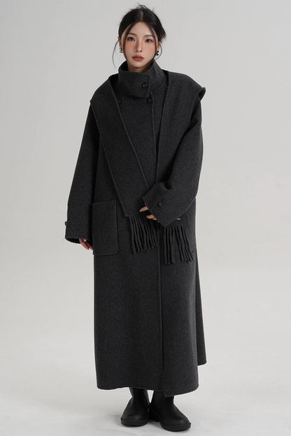Temperament Hooded Scarf Wool Coat