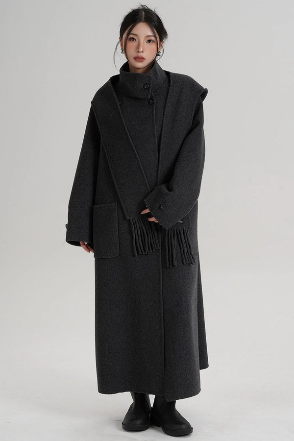 Temperament Hooded Scarf Wool Coat