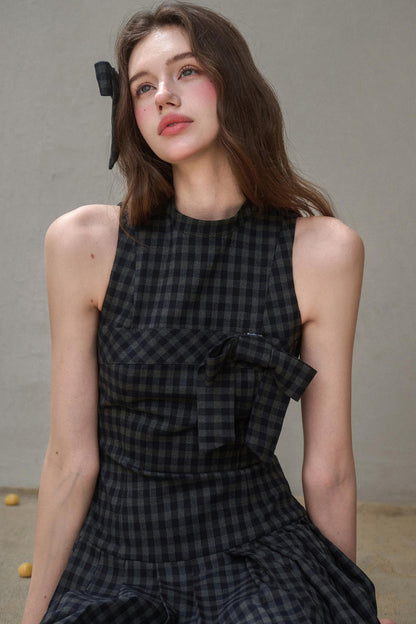 Elegant Bow Halterneck Check Pleated Dress