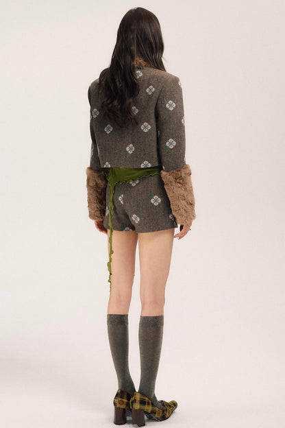 Retro Embroidery Tweed Fur Shorts Set-Up