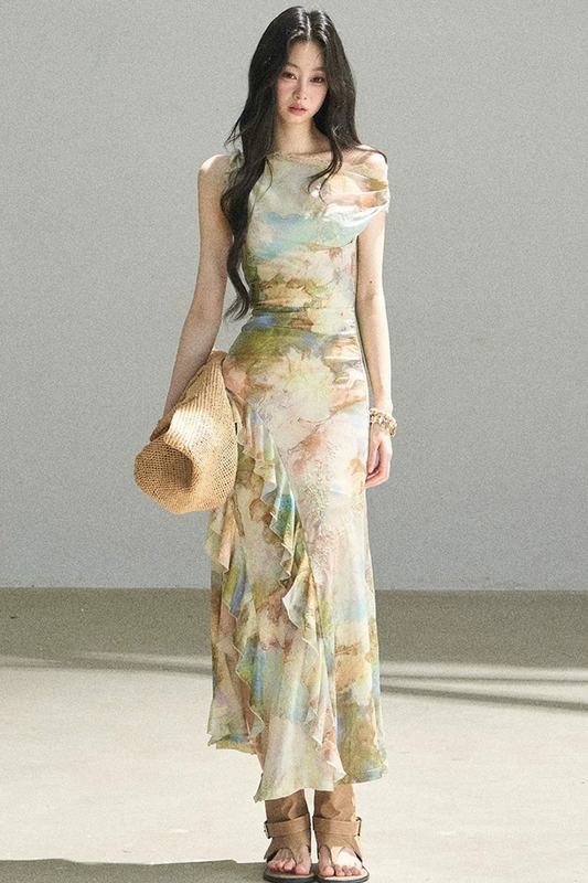 French Off-Shoulder Oil Painting Style Dress