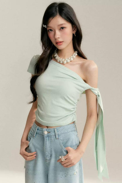 민트 트위스티드 오프숄더 탑 세트업