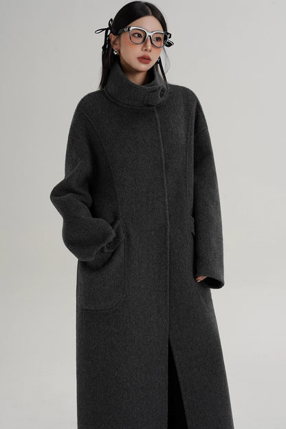 Stand-Up Collar Long Wool Coat