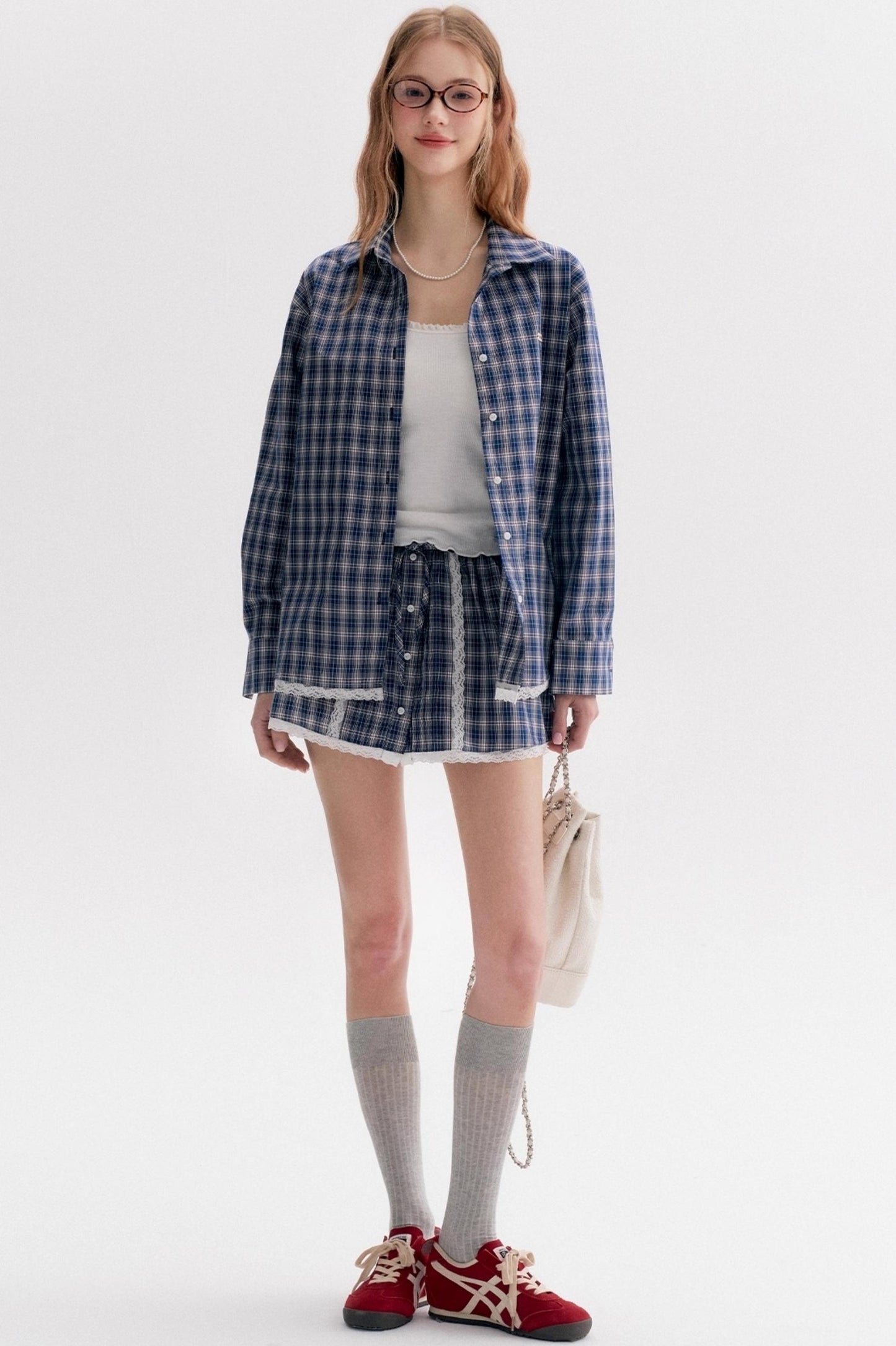 Lace Stitching Check Short Skirt