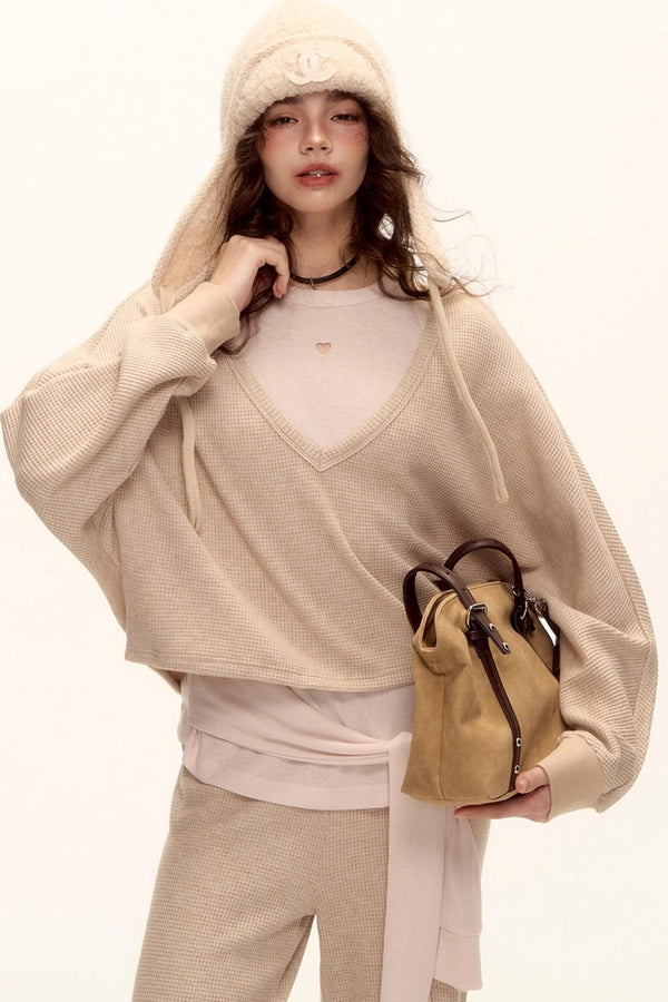 Waffle Knit V-Neck Sweater Set-Up