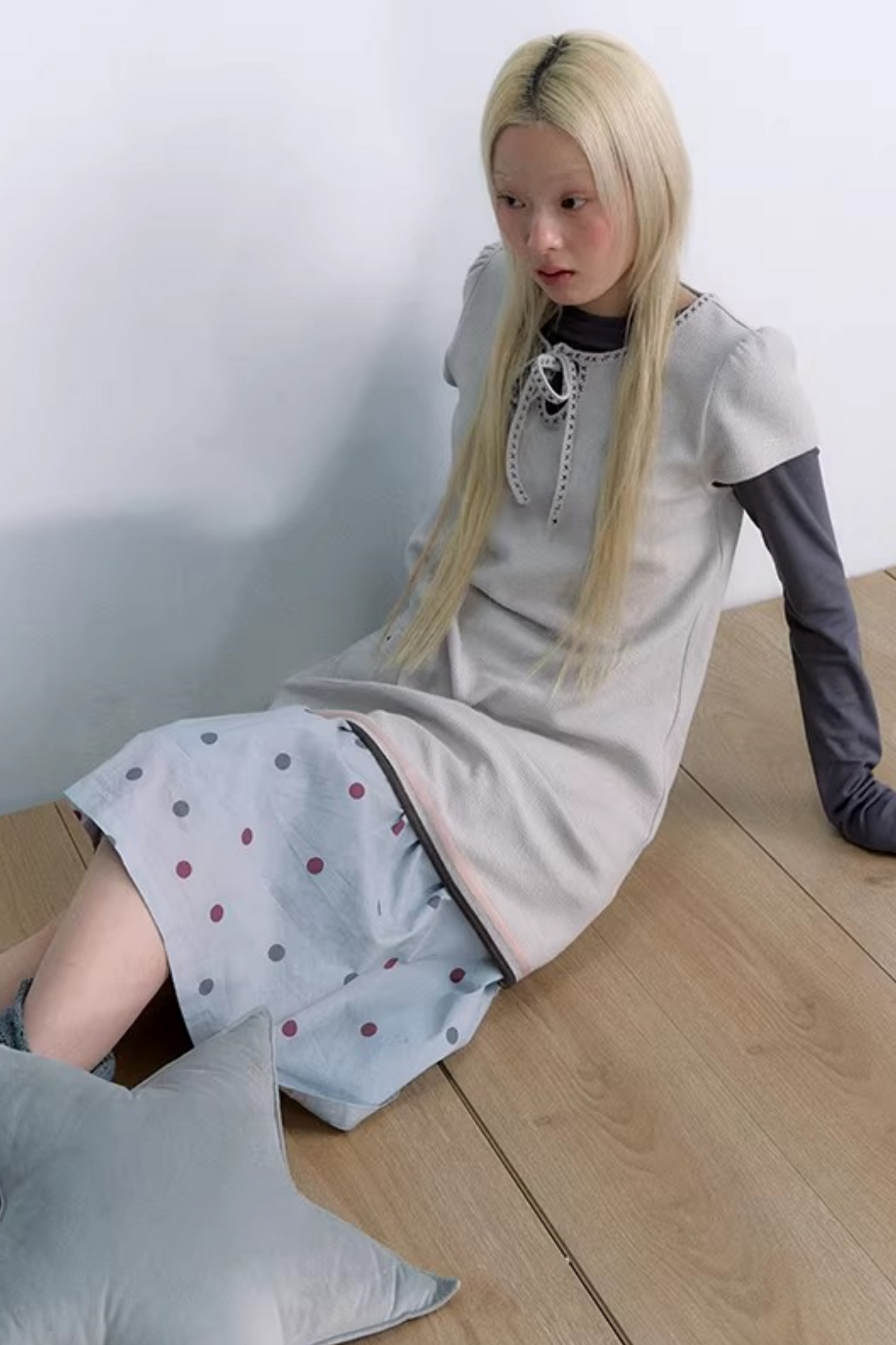 Embroidered Tie Neck Dress