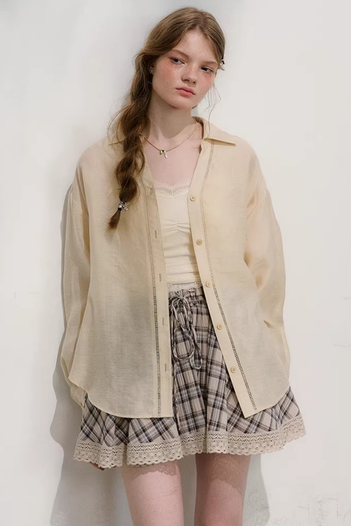 Plaid Lace Pleated Skirt