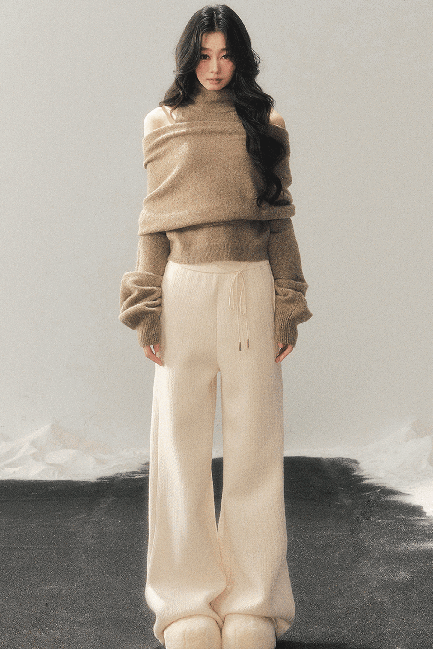 High-Neck Off-Shoulder Knit Sweater Set