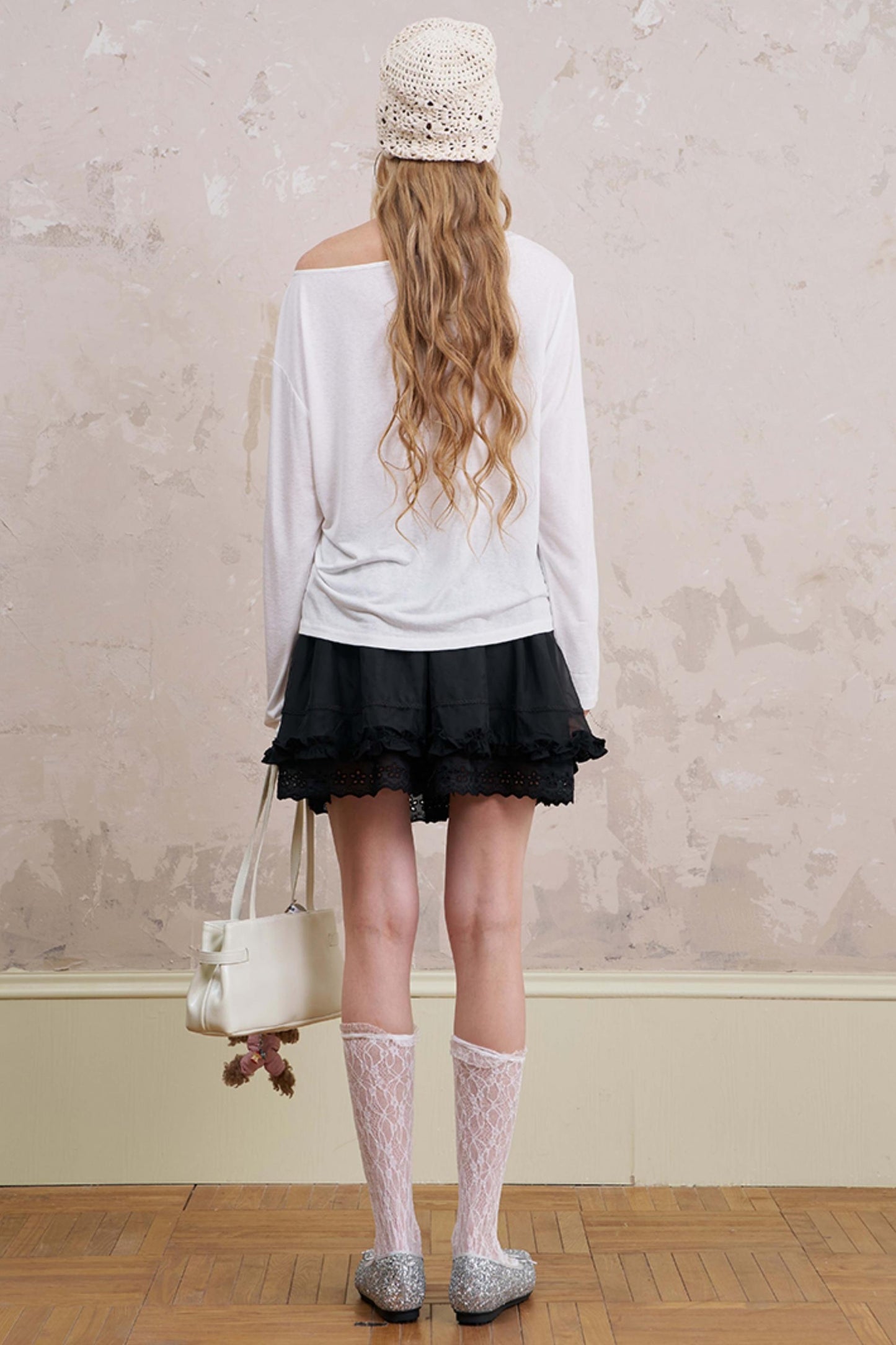 Slanted Monochrome Flower Ruffle T-Shirt