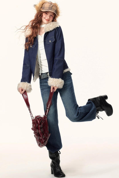 Denim Plush Lapel Jacket