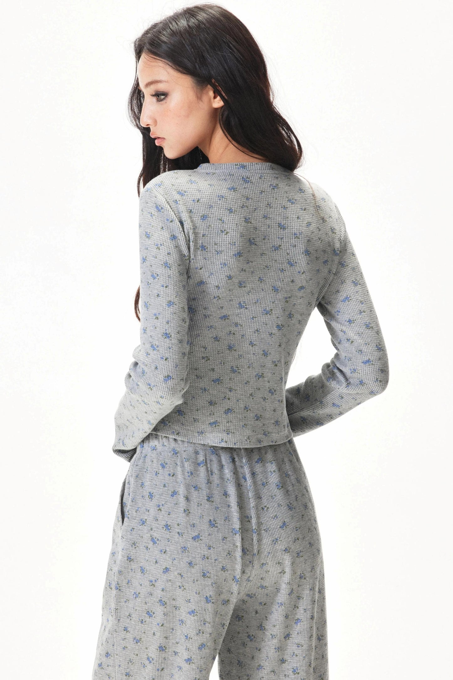 Floral Placket Blouse and Pants Set-Up
