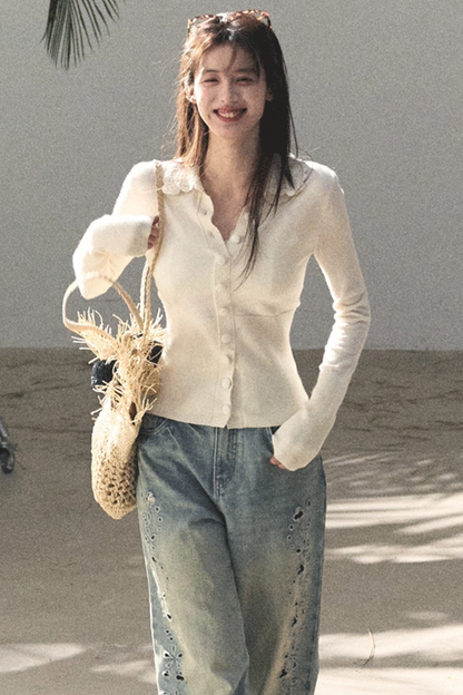 Natural Wool Crochet Collar Top