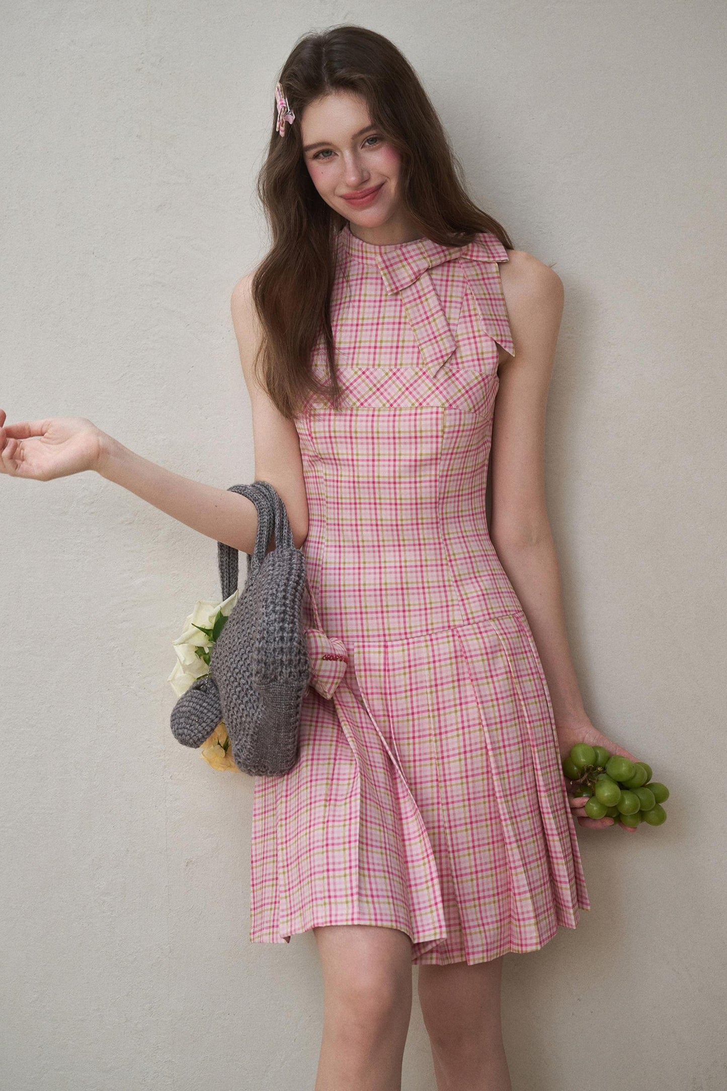 Bow Halterneck Plaid Dress