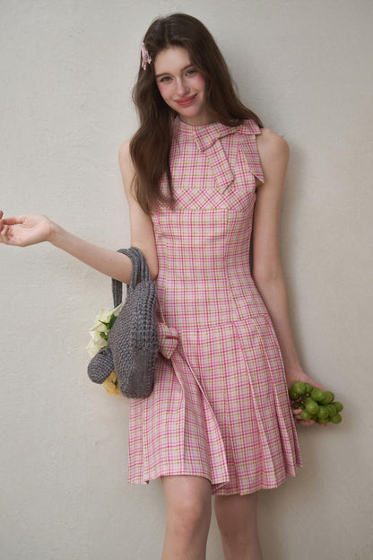 Bow Halterneck Plaid Dress
