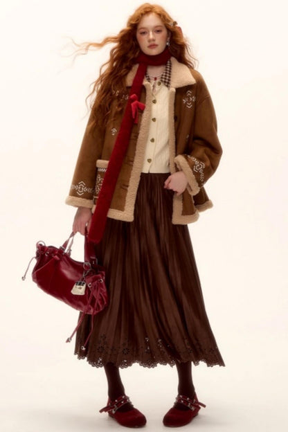 Pleated Suede Lace Skirt