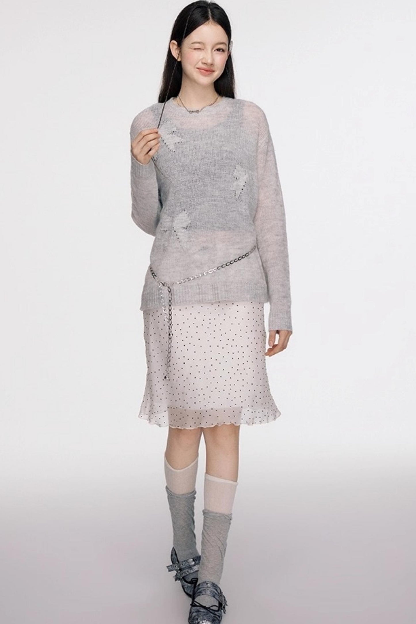 French Polka Dot A-Line Chiffon Skirt