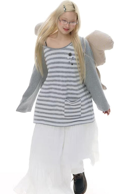 Button Striped Off-Shoulder Top