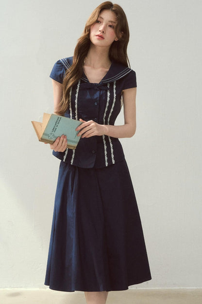 Navy Collar Skirt Suit Set-Up