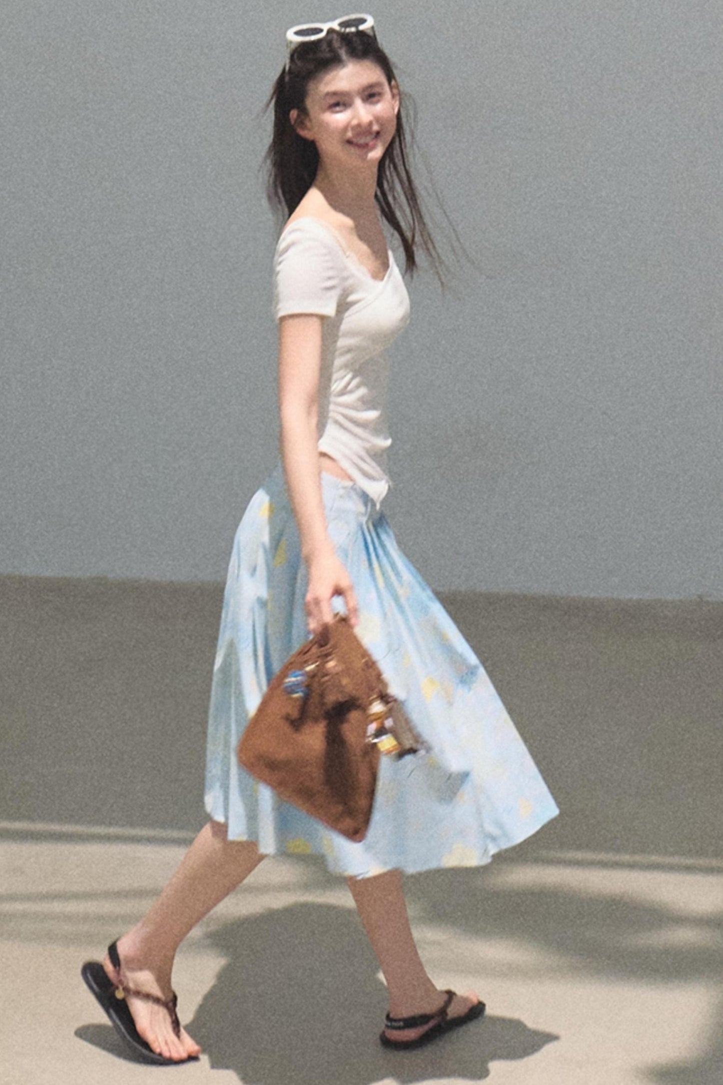 Running Waves Cotton Poplin Pleated Midi Skirt