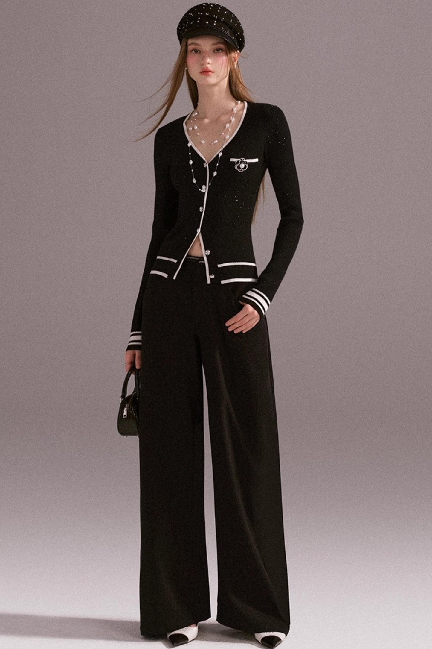 Hot Girl Contrast Knit Cardigan Suit Set-Up