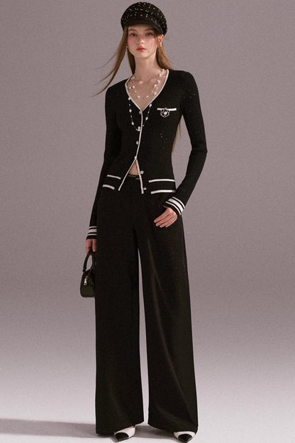 Hot Girl Contrast Knit Cardigan Suit Set-Up