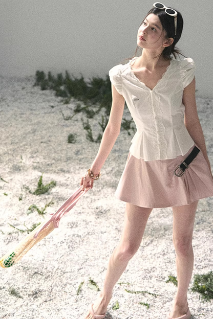 French V-Neck Lace Blouse