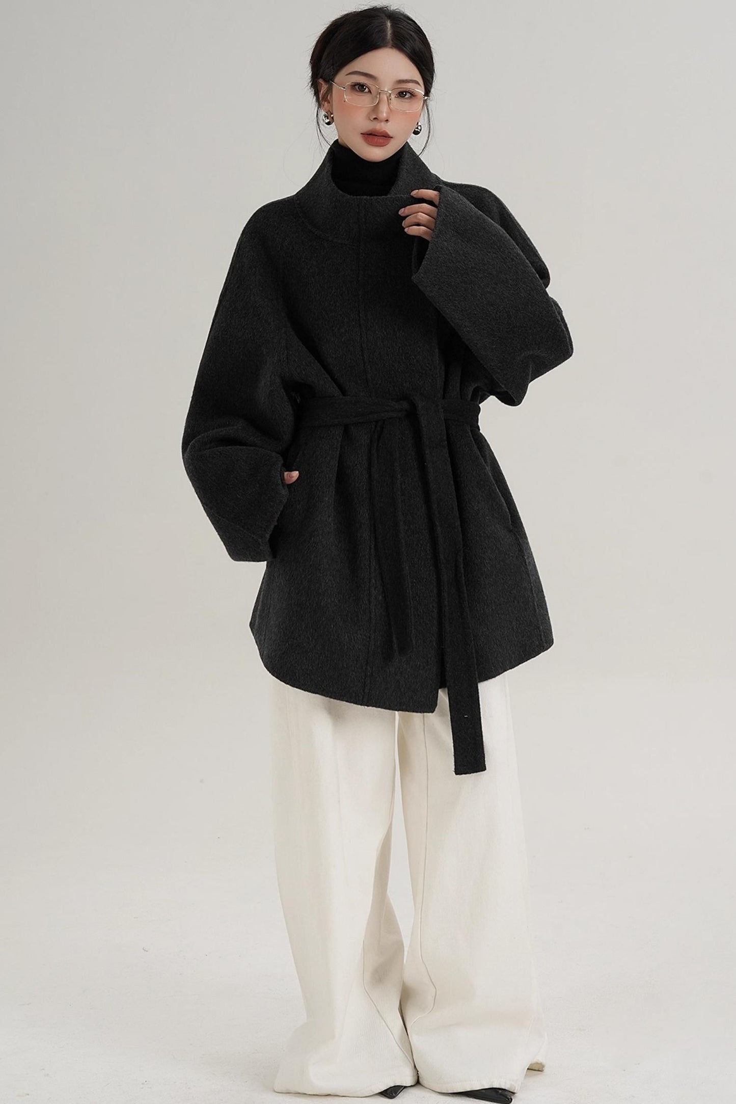 Elegant Woolen Lace-Up Coat