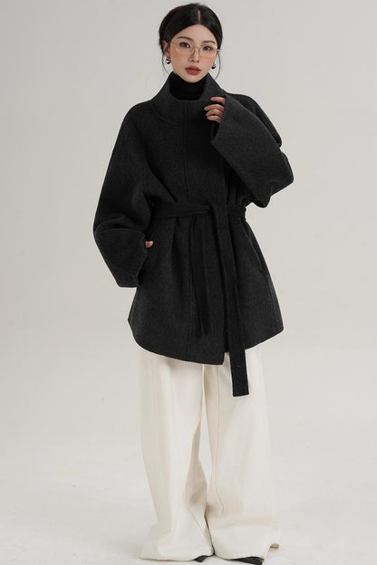 Elegant Woolen Lace-Up Coat