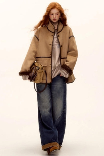 Suede Patchwork Denim Pants