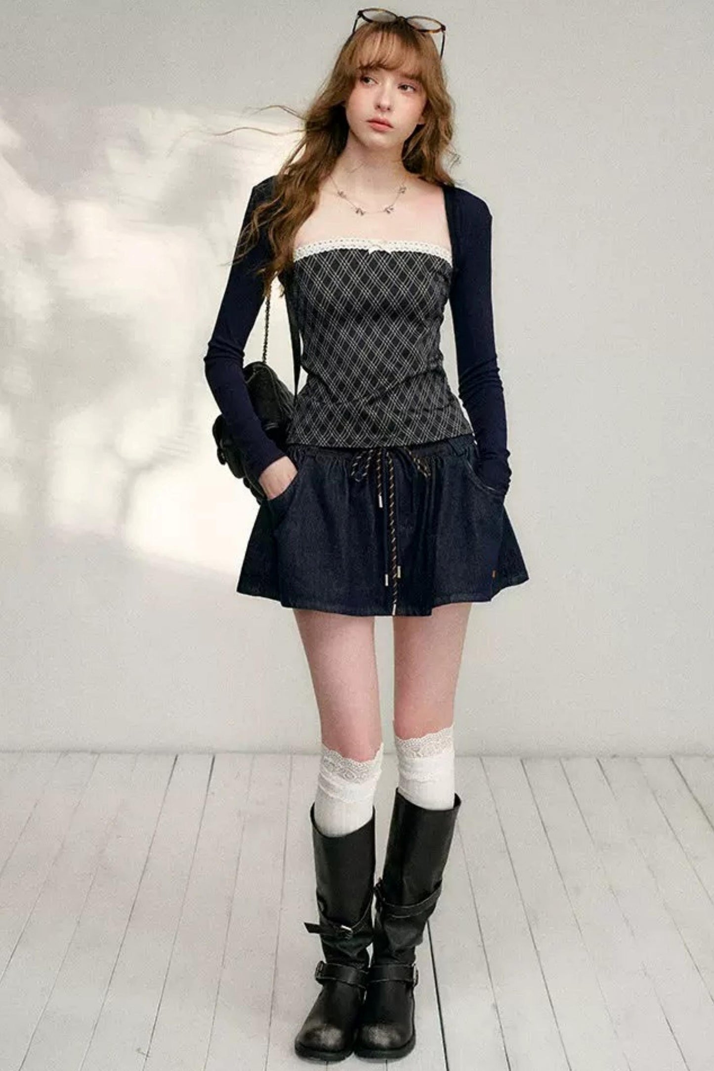 Lace Plaid Patchwork T-Shirt