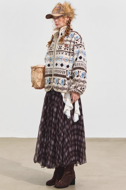 Fleece Jacquard Stand-Up Collar Coat