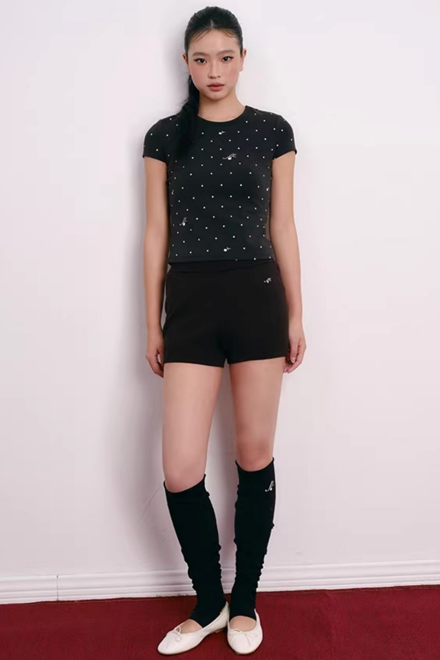 Cherry Embroidery Half-Zip Top Set