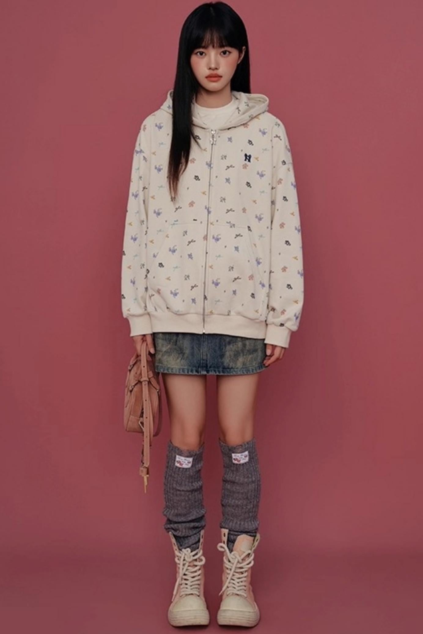 Floral Hooded Sweatshirt Cardigan Set-Up