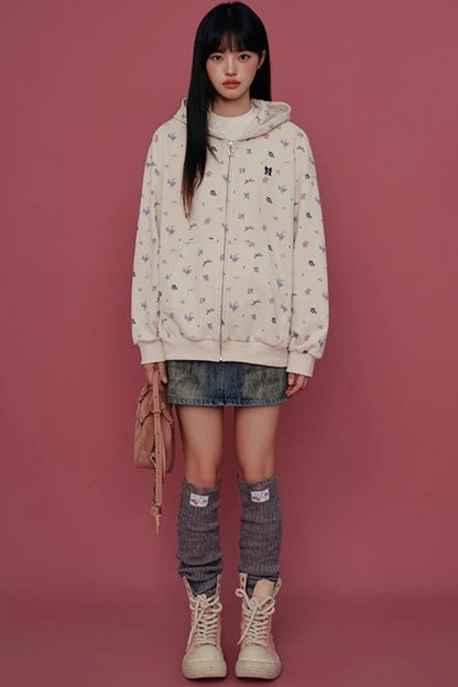 Floral Hooded Sweatshirt Cardigan Set-Up
