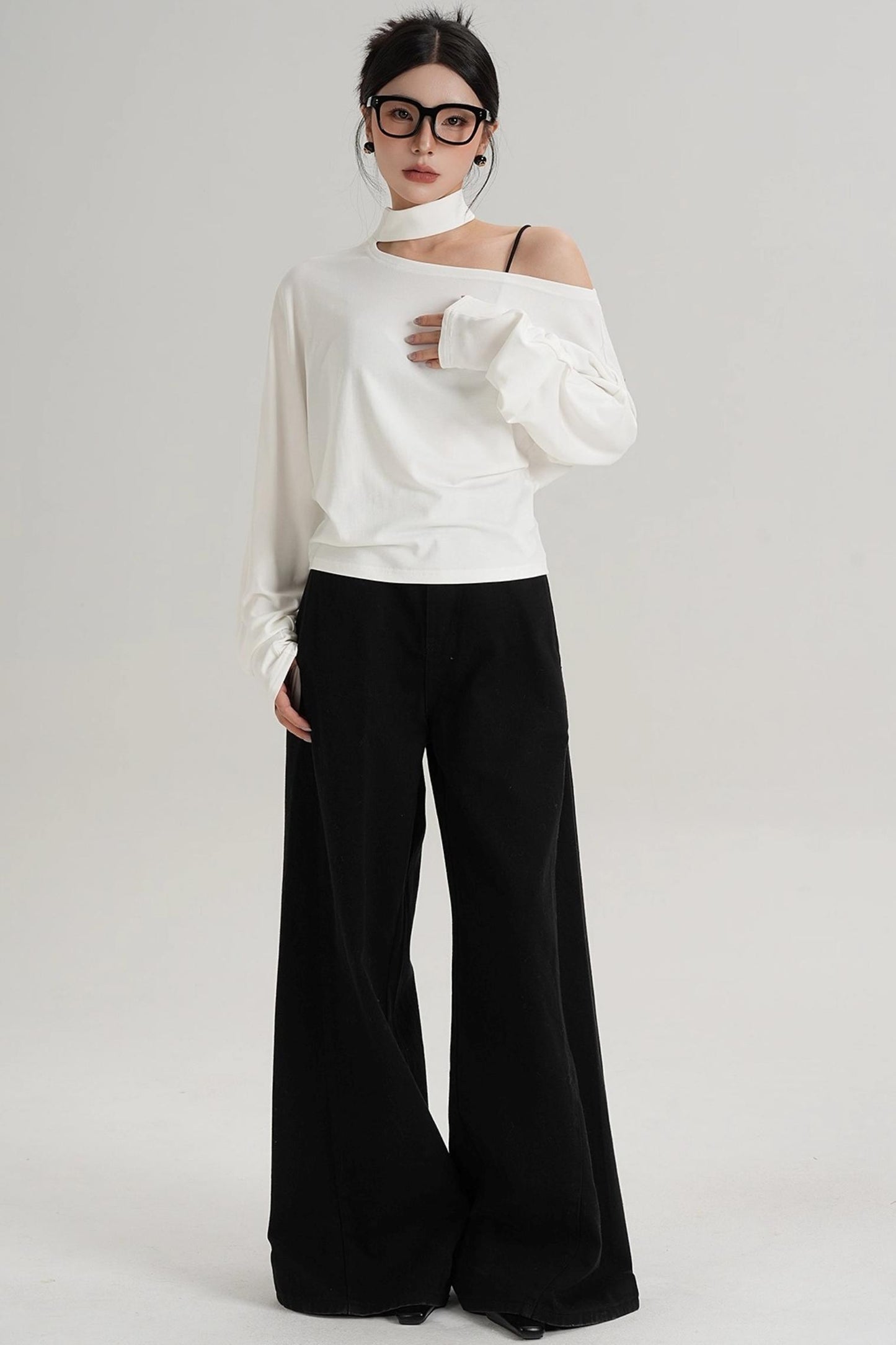 Halterneck Slanted Shoulder Long Sleeve Top