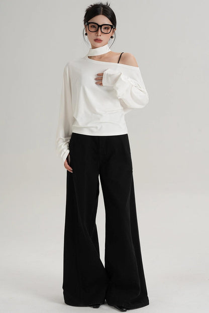 Halterneck Slanted Shoulder Long Sleeve Top