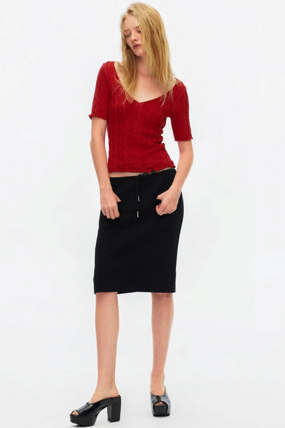 Hollow-Out Knit V-Neck Top