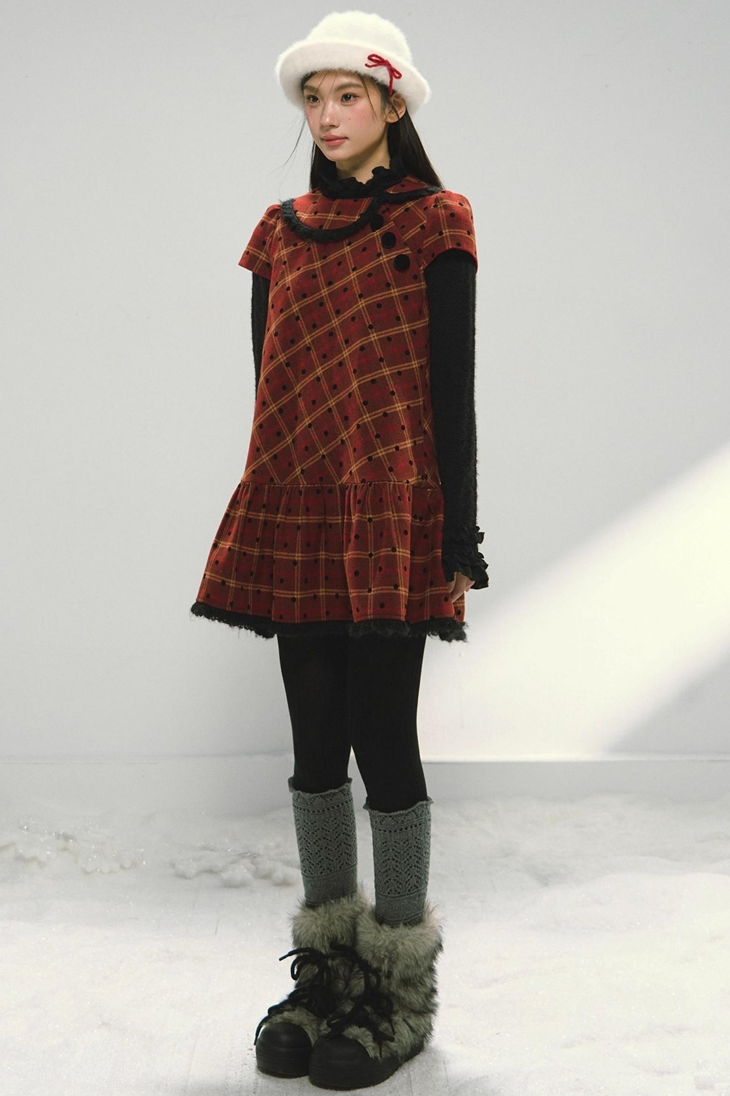 Christmas Doll Collar Tweed Dress Set-Up