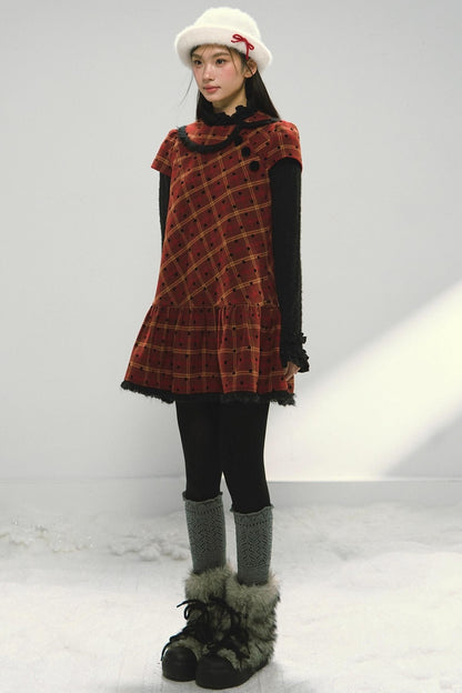 Christmas Doll Collar Tweed Dress Set-Up