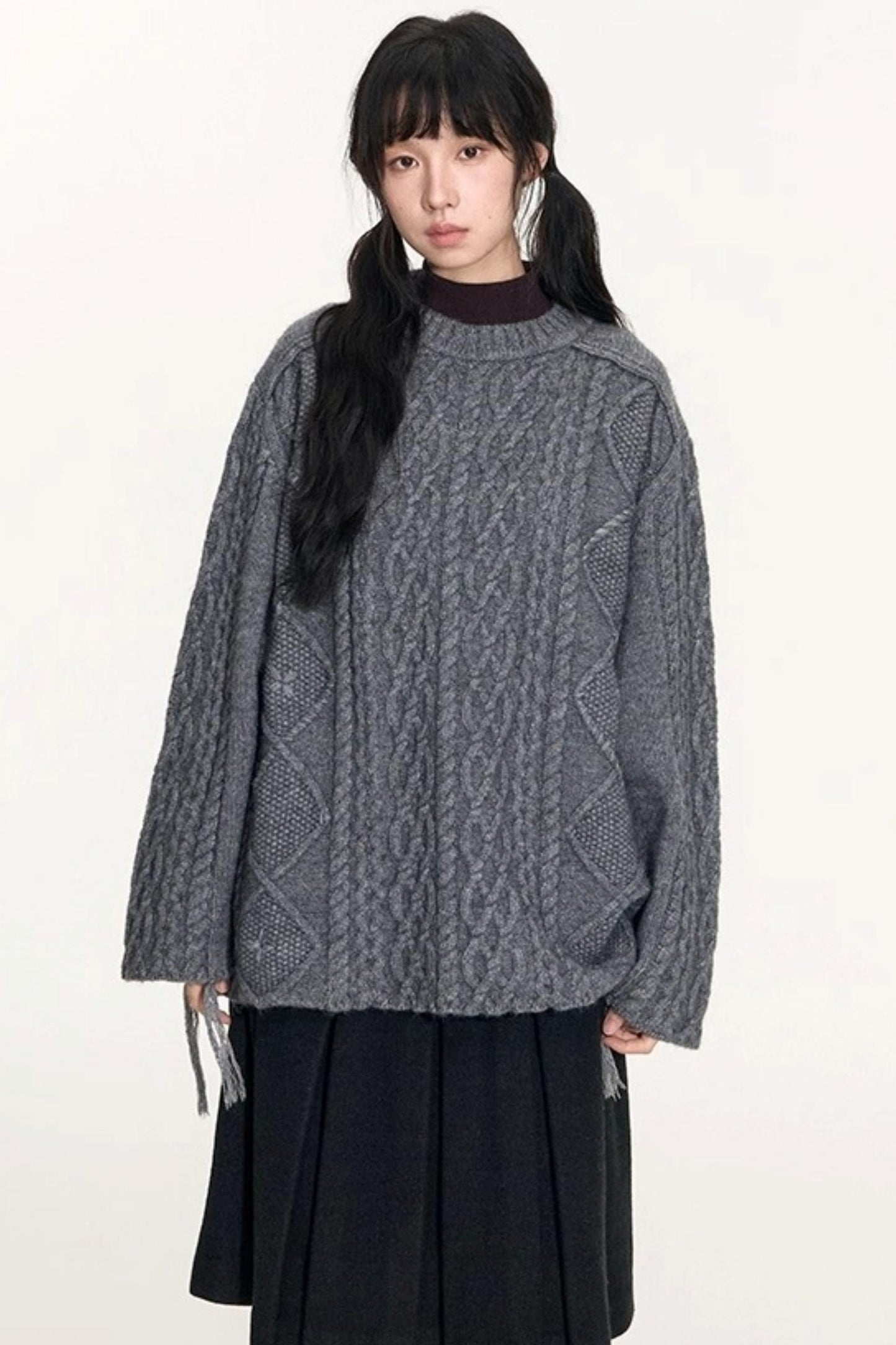 Crew Neck Crochet Cable Knit Sweater