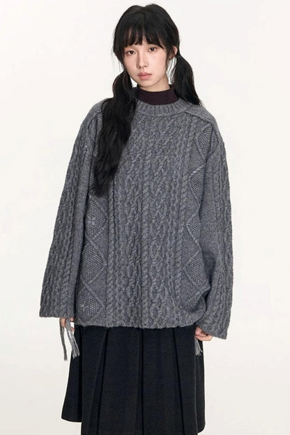 Crew Neck Crochet Cable Knit Sweater