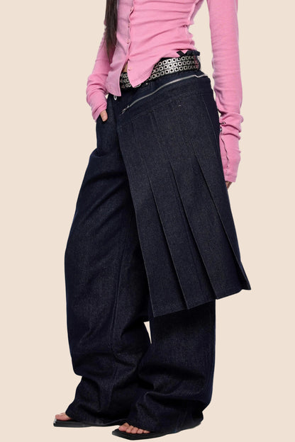 Detachable Pleated Denim Skirt Pants