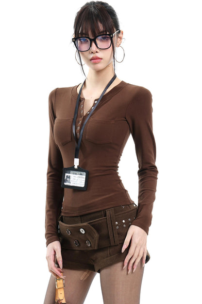 Braunes Slim-Fit-Oberteil mit Henry-Kragen