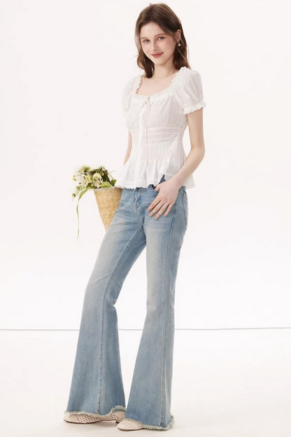 White Ruched Square-Neck Blouse