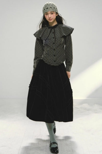 Plaid Velvet Floral Cape Blouse