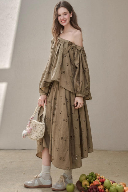 Embroidery Elegant Slanted Shoulder Skirt Set-Up